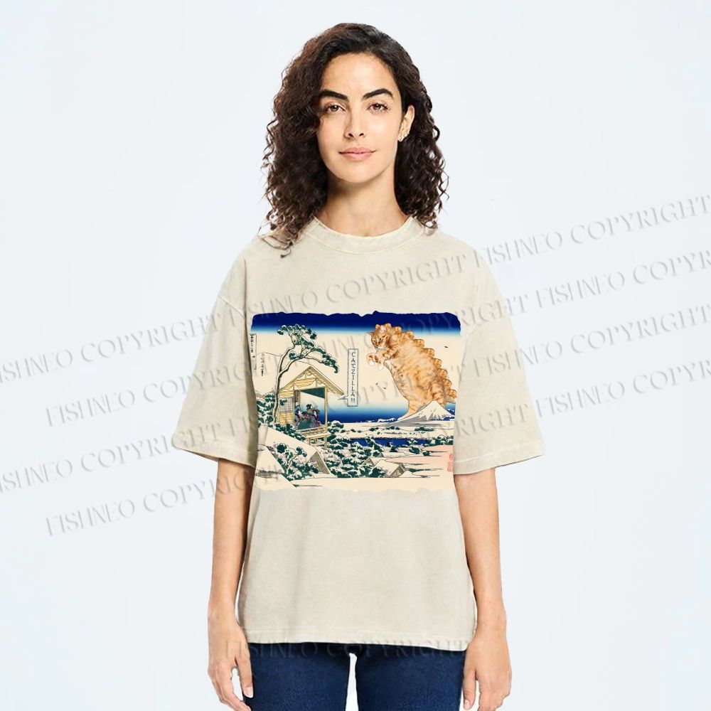 Unisex Catzilla in Japanese Ukiyo-e Art Printed Washed Tee