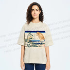 Unisex Catzilla in Japanese Ukiyo-e Art Printed Washed Tee