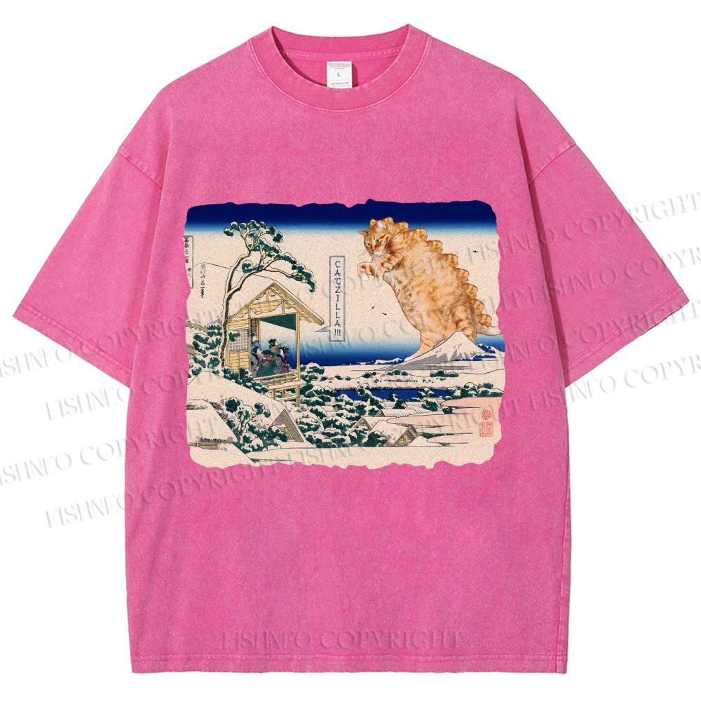 Unisex Catzilla in Japanese Ukiyo-e Art Printed Washed Tee