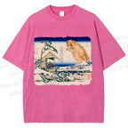 Unisex Catzilla in Japanese Ukiyo-e Art Printed Washed Tee