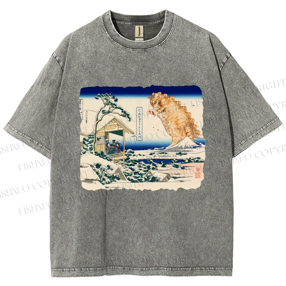 Unisex Catzilla in Japanese Ukiyo-e Art Printed Washed Tee