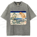 Unisex Catzilla in Japanese Ukiyo-e Art Printed Washed Tee
