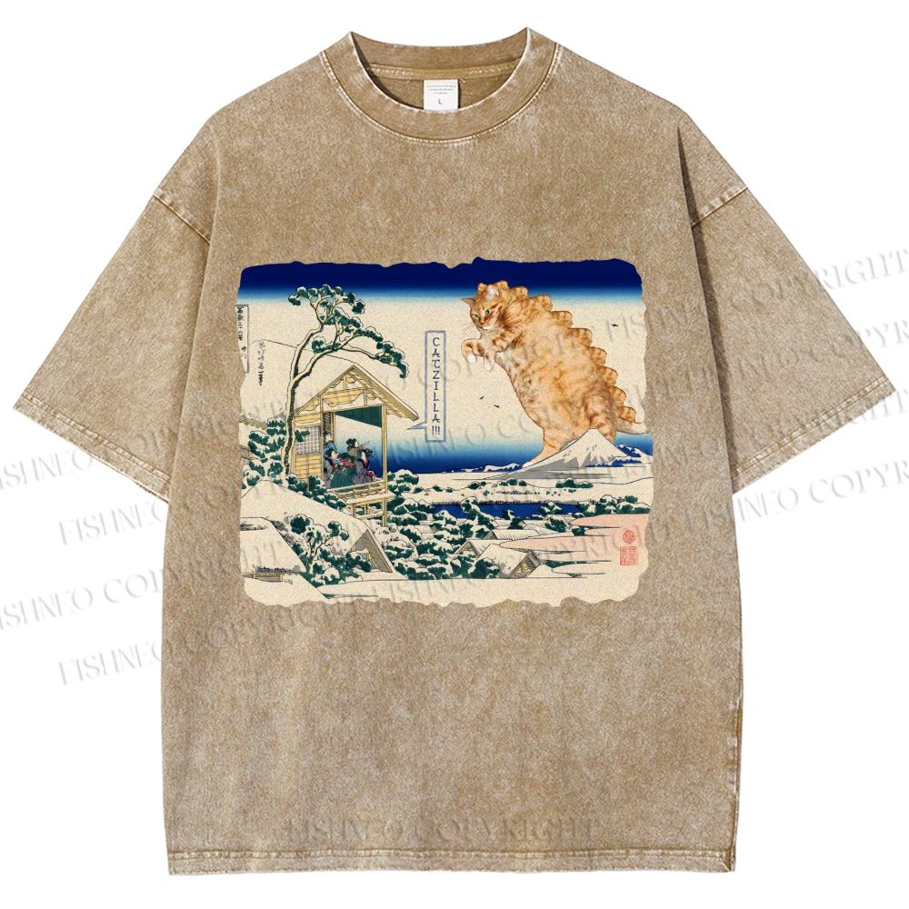 Unisex Catzilla in Japanese Ukiyo-e Art Printed Washed Tee
