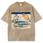 Unisex Catzilla in Japanese Ukiyo-e Art Printed Washed Tee