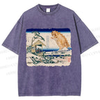 Unisex Catzilla in Japanese Ukiyo-e Art Printed Washed Tee
