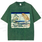 Unisex Catzilla in Japanese Ukiyo-e Art Printed Washed Tee