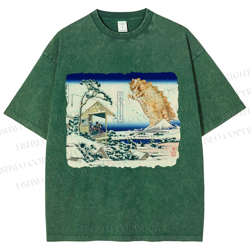 Unisex Catzilla in Japanese Ukiyo-e Art Printed Washed Tee