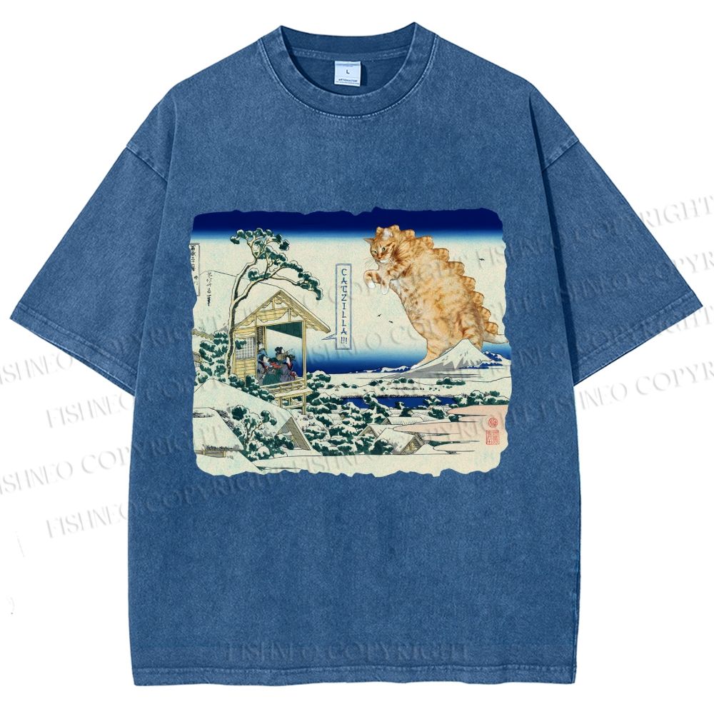 Unisex Catzilla in Japanese Ukiyo-e Art Printed Washed Tee