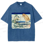 Unisex Catzilla in Japanese Ukiyo-e Art Printed Washed Tee