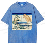 Unisex Catzilla in Japanese Ukiyo-e Art Printed Washed Tee