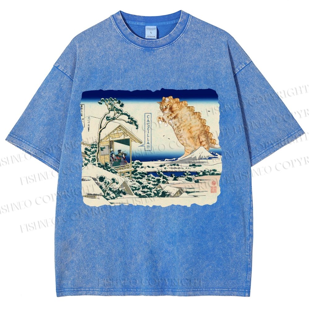Unisex Catzilla in Japanese Ukiyo-e Art Printed Washed Tee
