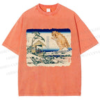 Unisex Catzilla in Japanese Ukiyo-e Art Printed Washed Tee