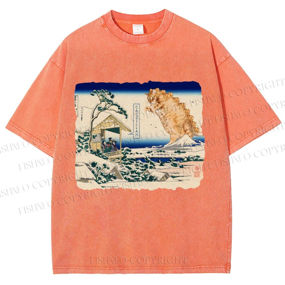Unisex Catzilla in Japanese Ukiyo-e Art Printed Washed Tee