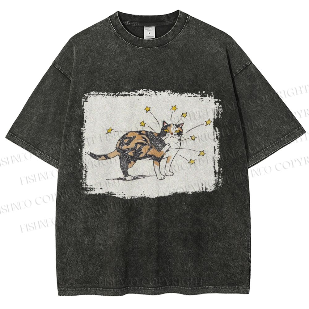 Unisex Cat Scratching Stars Printed Washed Tee