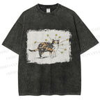 Unisex Cat Scratching Stars Printed Washed Tee
