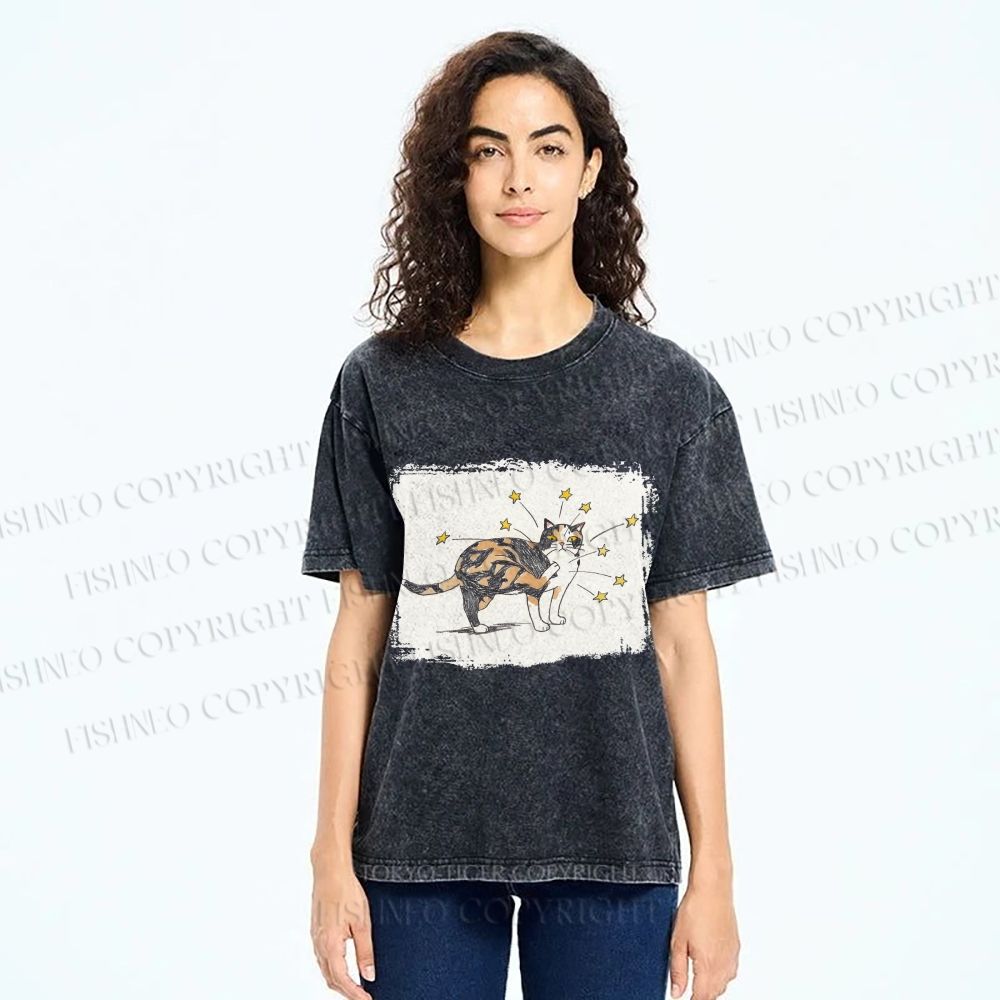 Unisex Cat Scratching Stars Printed Washed Tee