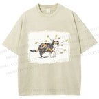 Unisex Cat Scratching Stars Printed Washed Tee