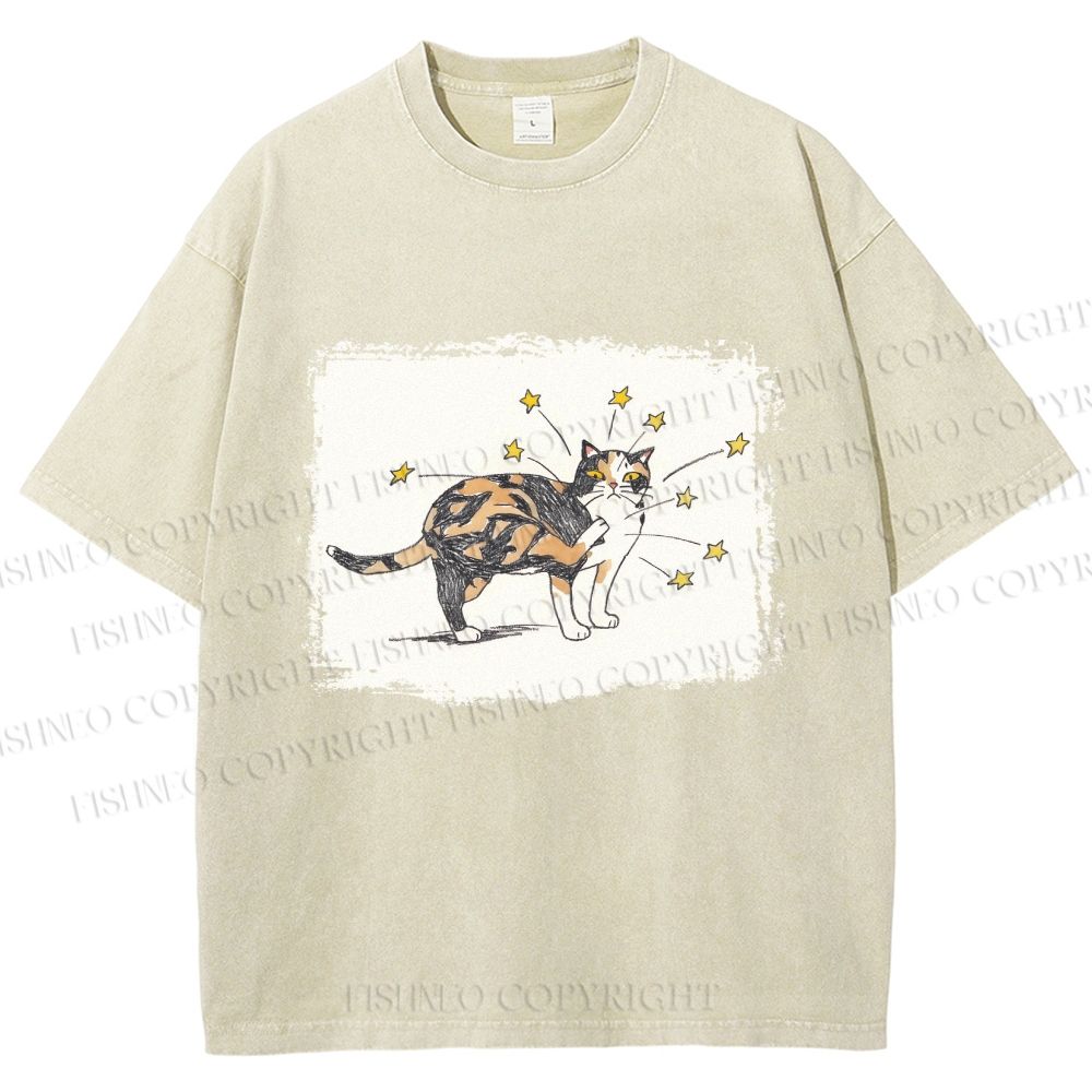 Unisex Cat Scratching Stars Printed Washed Tee