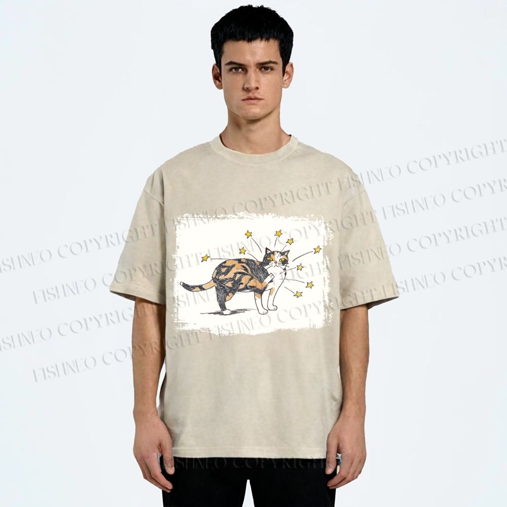 Unisex Cat Scratching Stars Printed Washed Tee