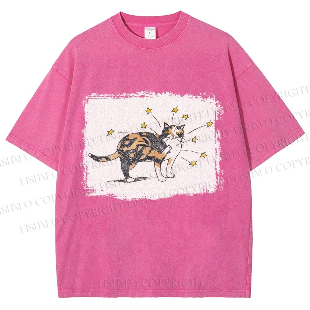 Unisex Cat Scratching Stars Printed Washed Tee