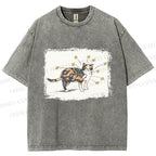 Unisex Cat Scratching Stars Printed Washed Tee