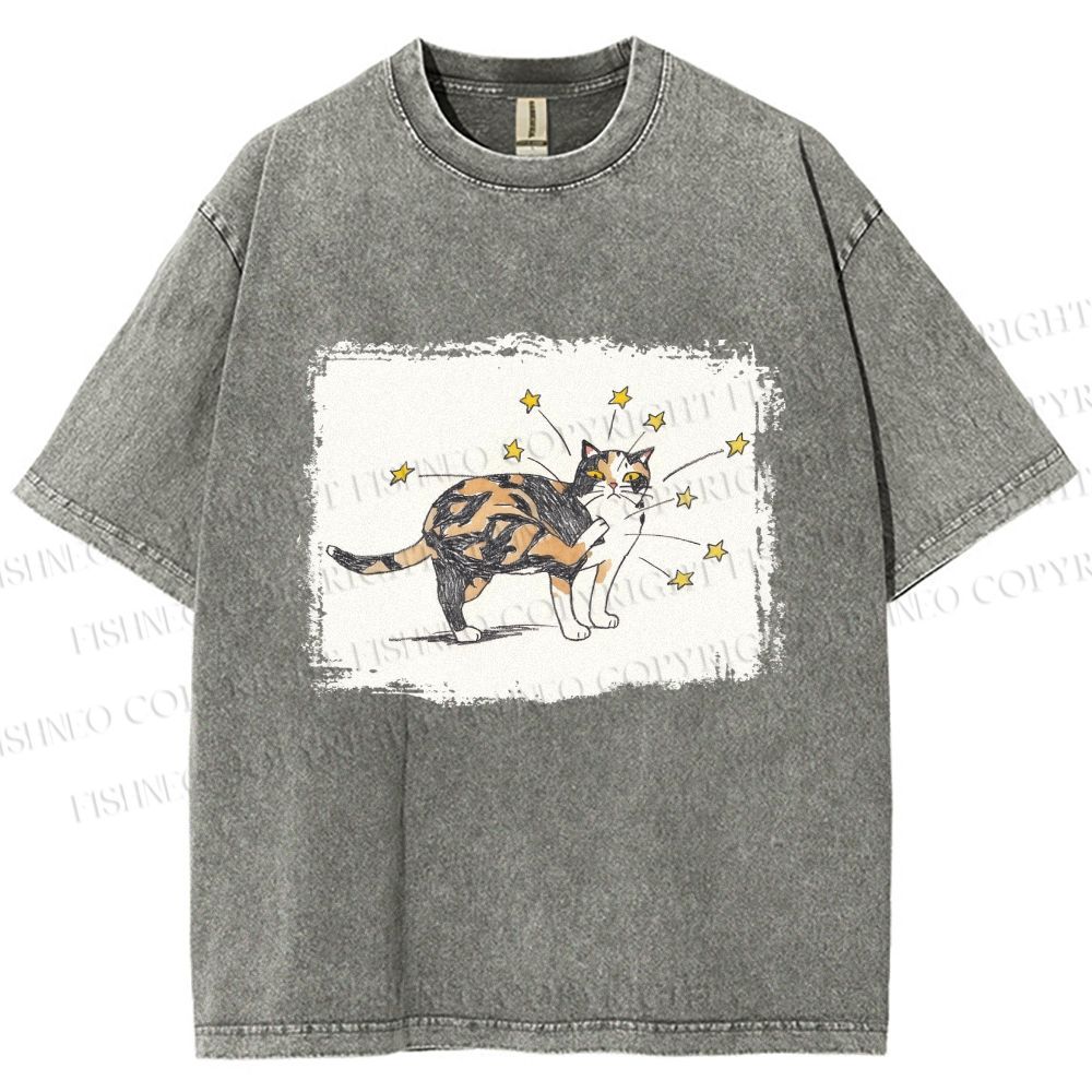 Unisex Cat Scratching Stars Printed Washed Tee