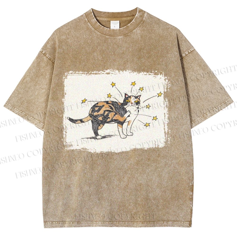 Unisex Cat Scratching Stars Printed Washed Tee