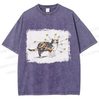 Unisex Cat Scratching Stars Printed Washed Tee