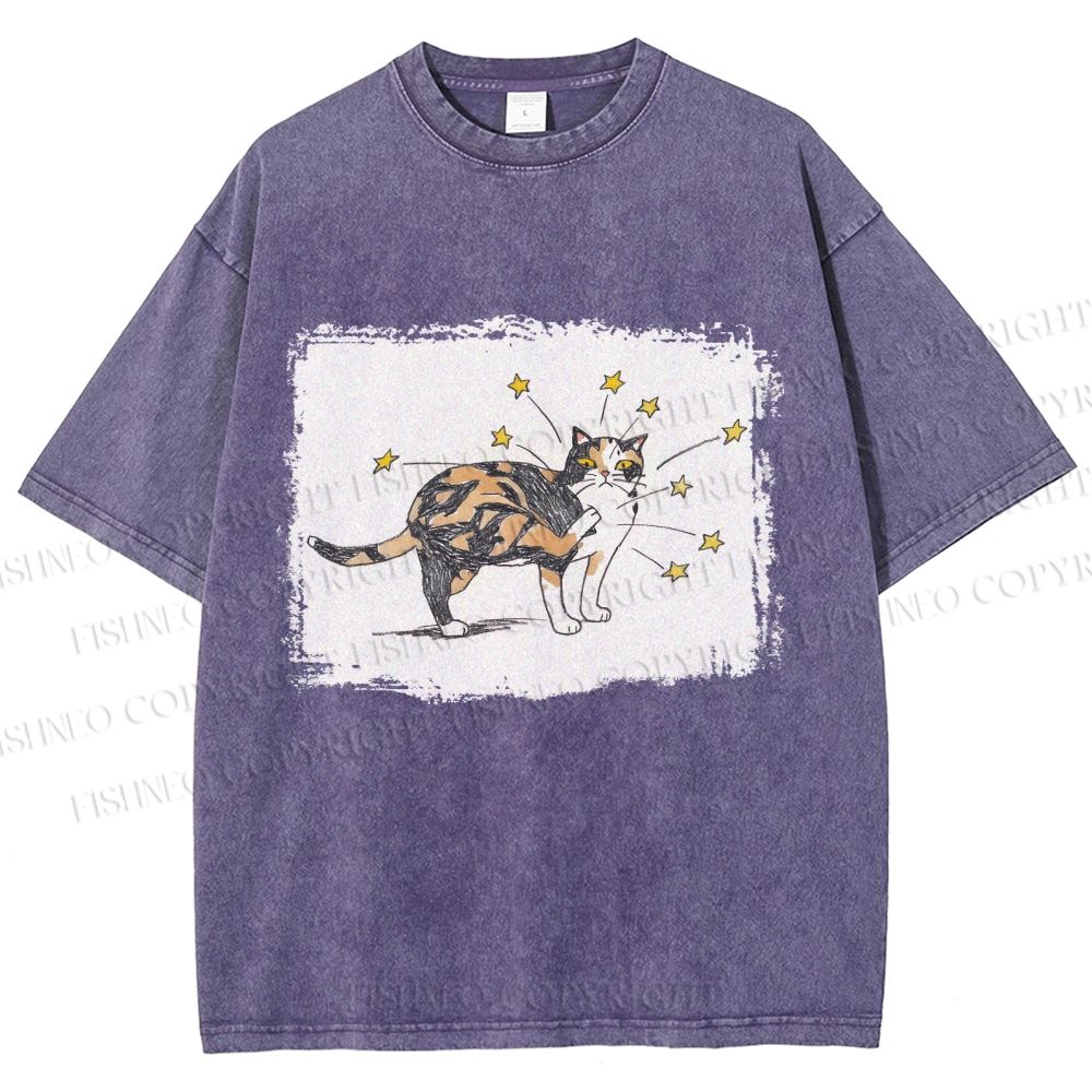 Unisex Cat Scratching Stars Printed Washed Tee