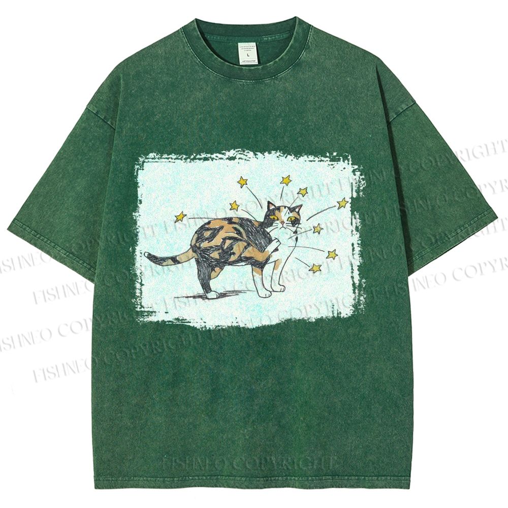Unisex Cat Scratching Stars Printed Washed Tee