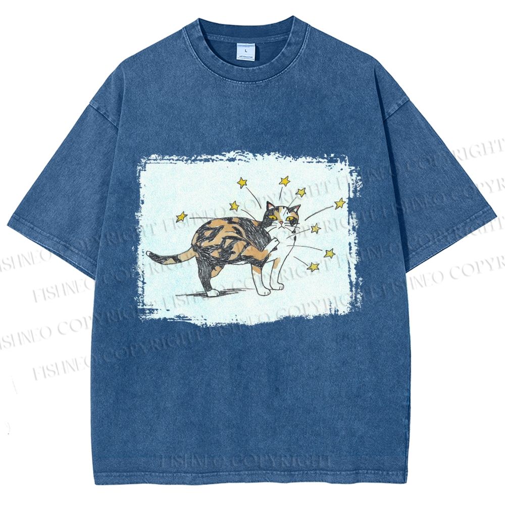 Unisex Cat Scratching Stars Printed Washed Tee