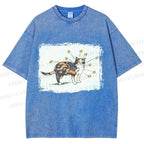 Unisex Cat Scratching Stars Printed Washed Tee