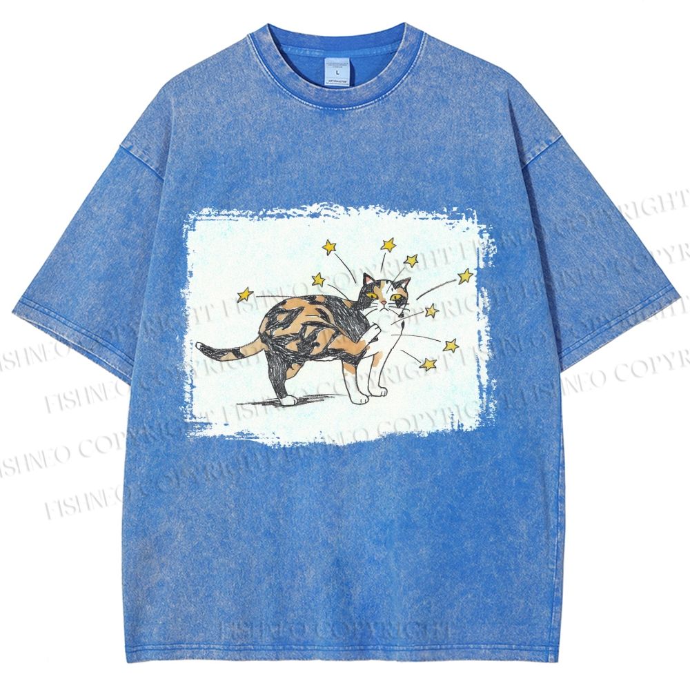 Unisex Cat Scratching Stars Printed Washed Tee