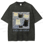 Unisex Rain on Cats Printed Washed Tee