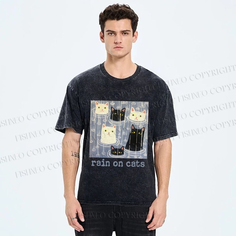 Unisex Rain on Cats Printed Washed Tee