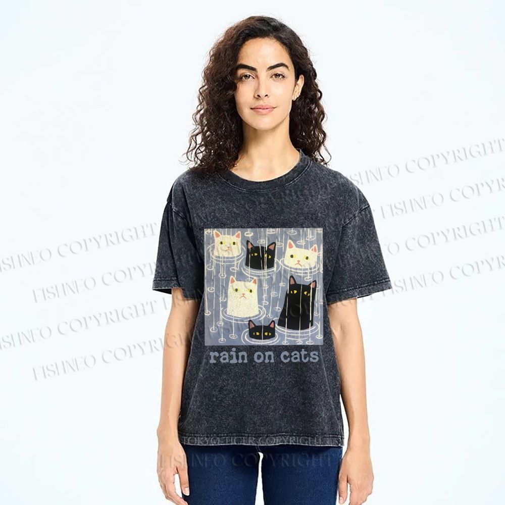 Unisex Rain on Cats Printed Washed Tee