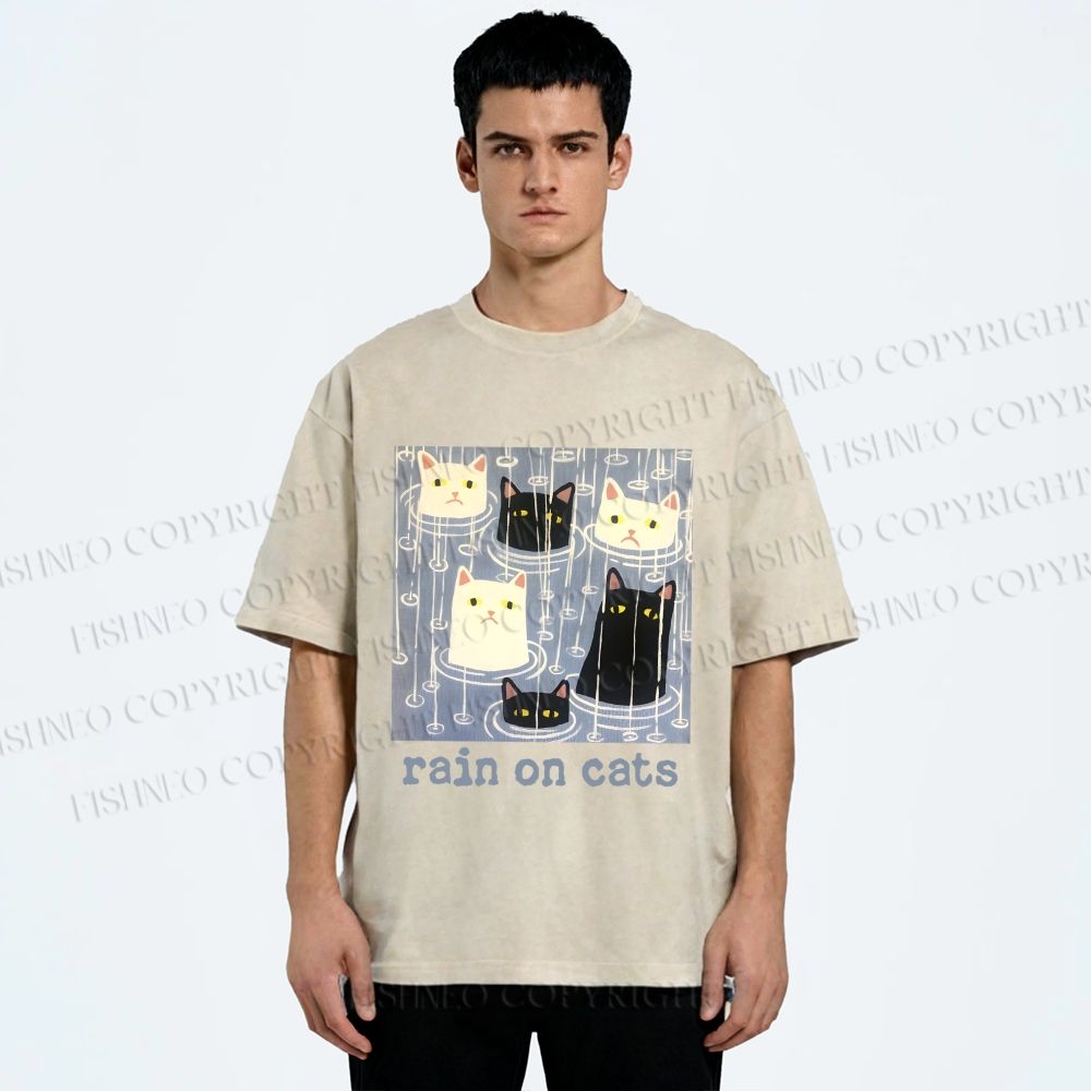 Unisex Rain on Cats Printed Washed Tee