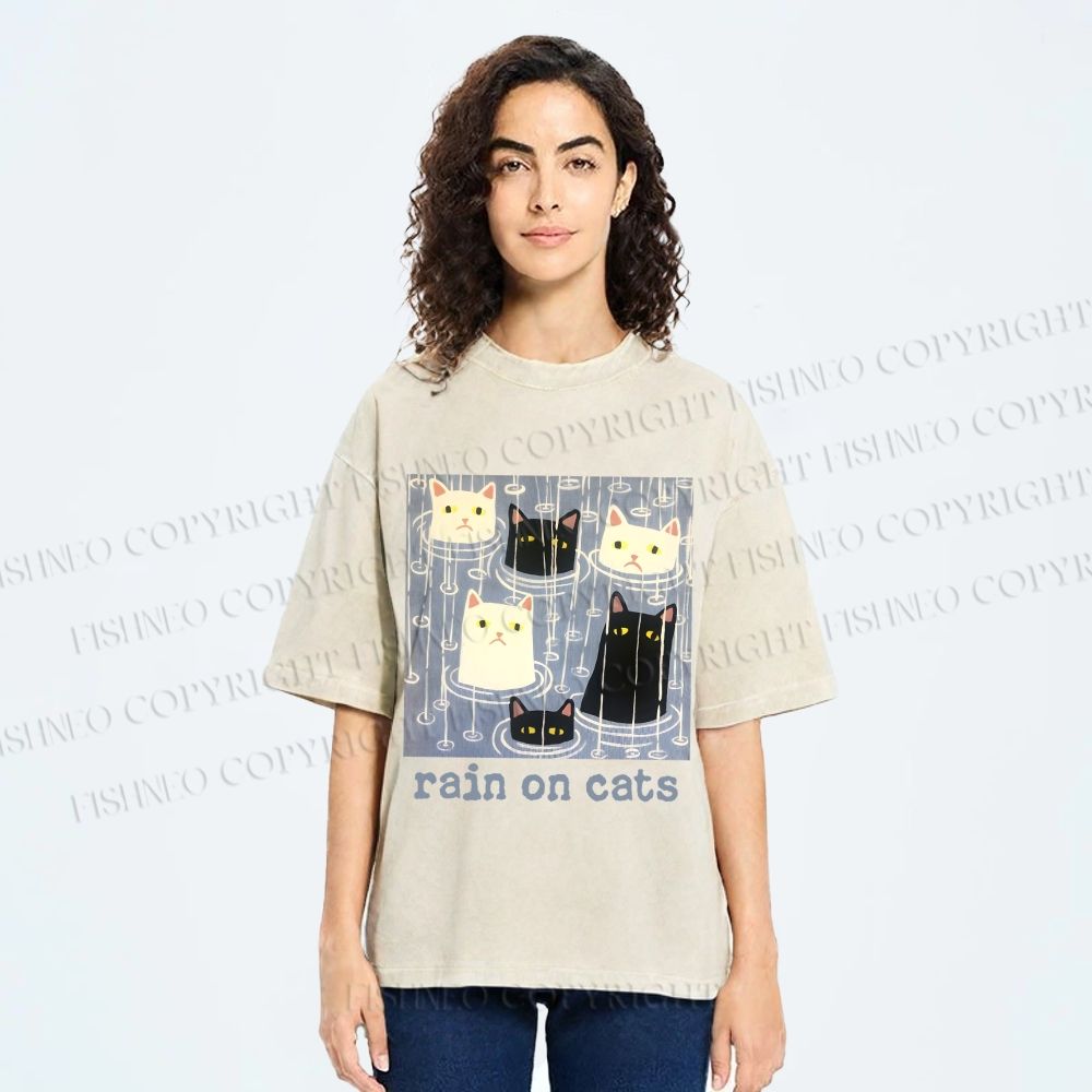 Unisex Rain on Cats Printed Washed Tee