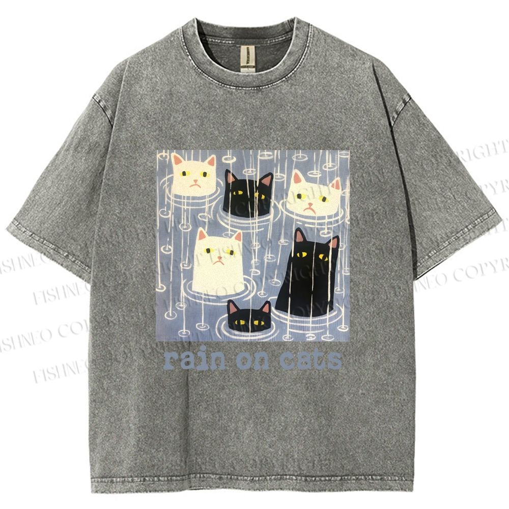 Unisex Rain on Cats Printed Washed Tee