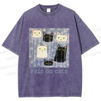 Unisex Rain on Cats Printed Washed Tee