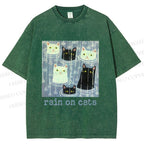 Unisex Rain on Cats Printed Washed Tee