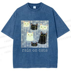 Unisex Rain on Cats Printed Washed Tee