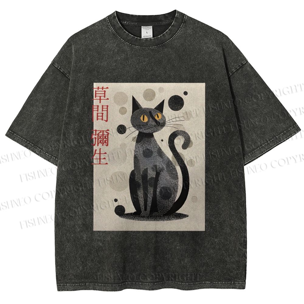 Unisex Yayoi Kusama Black Cat Printed Washed Tee