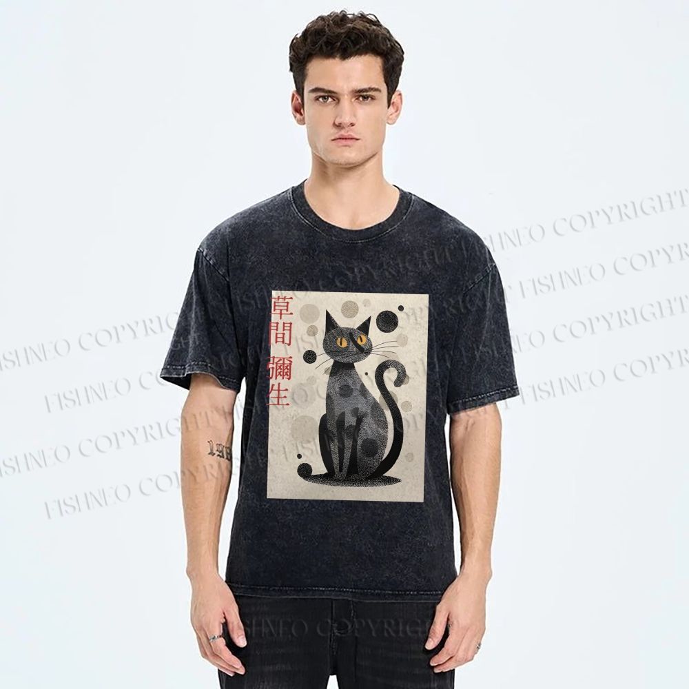 Unisex Yayoi Kusama Black Cat Printed Washed Tee
