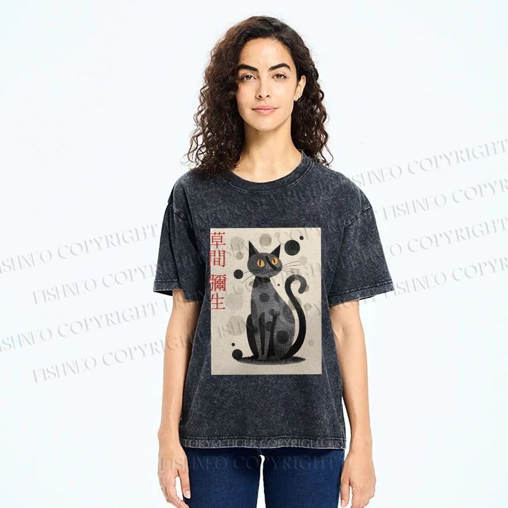 Unisex Yayoi Kusama Black Cat Printed Washed Tee