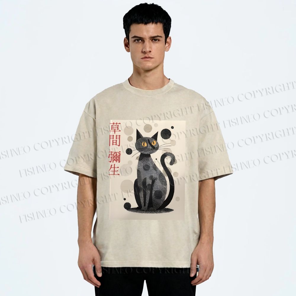 Unisex Yayoi Kusama Black Cat Printed Washed Tee