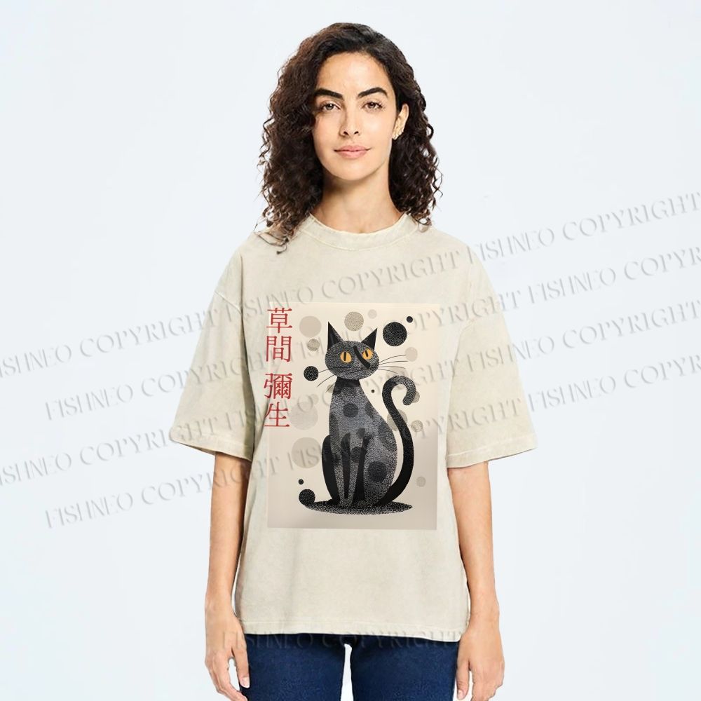 Unisex Yayoi Kusama Black Cat Printed Washed Tee