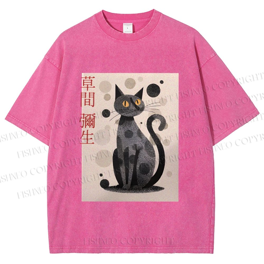 Unisex Yayoi Kusama Black Cat Printed Washed Tee