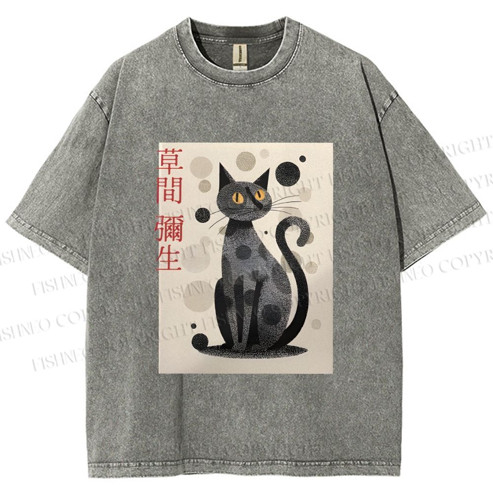 Unisex Yayoi Kusama Black Cat Printed Washed Tee