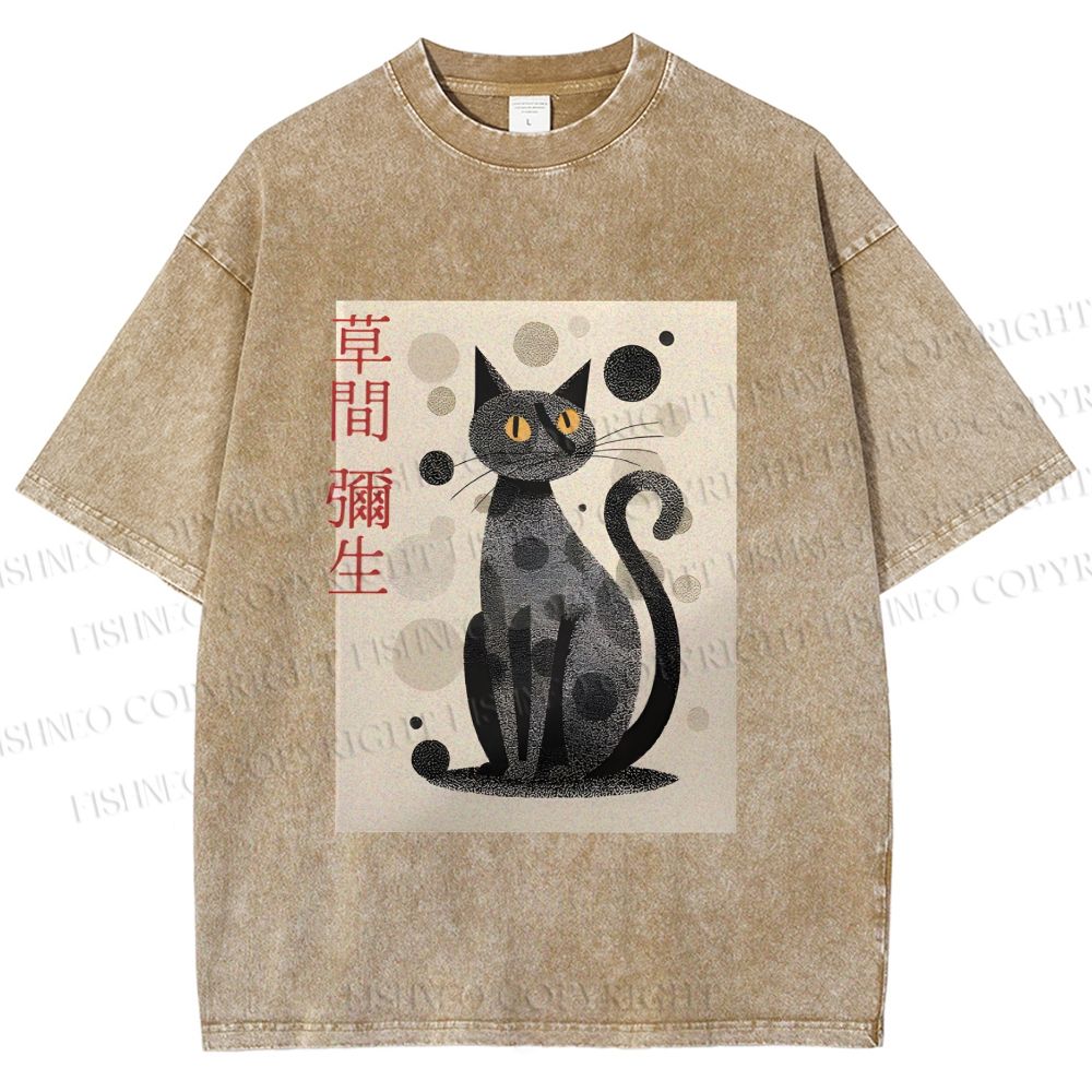 Unisex Yayoi Kusama Black Cat Printed Washed Tee